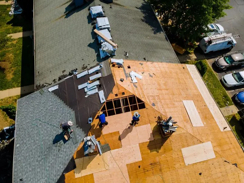 Aerial view of an Oklahoma residential roof replacement in progress